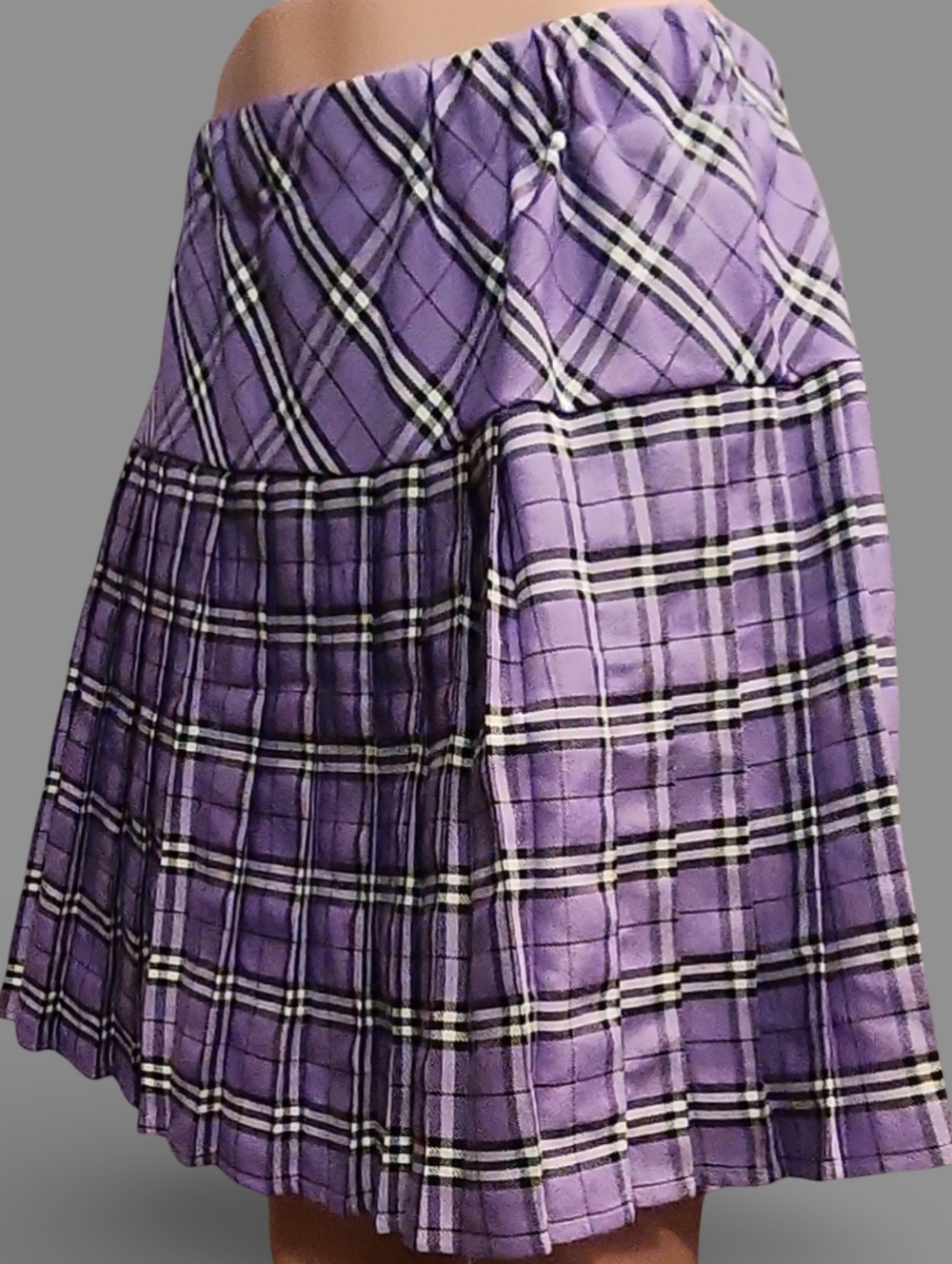 Women's Purple Plaid Pleated Knee Skirt Twill Pull On Casual Preppy - Picture 3 of 10